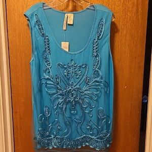 Blue Embellished Sleeveless Tank Top